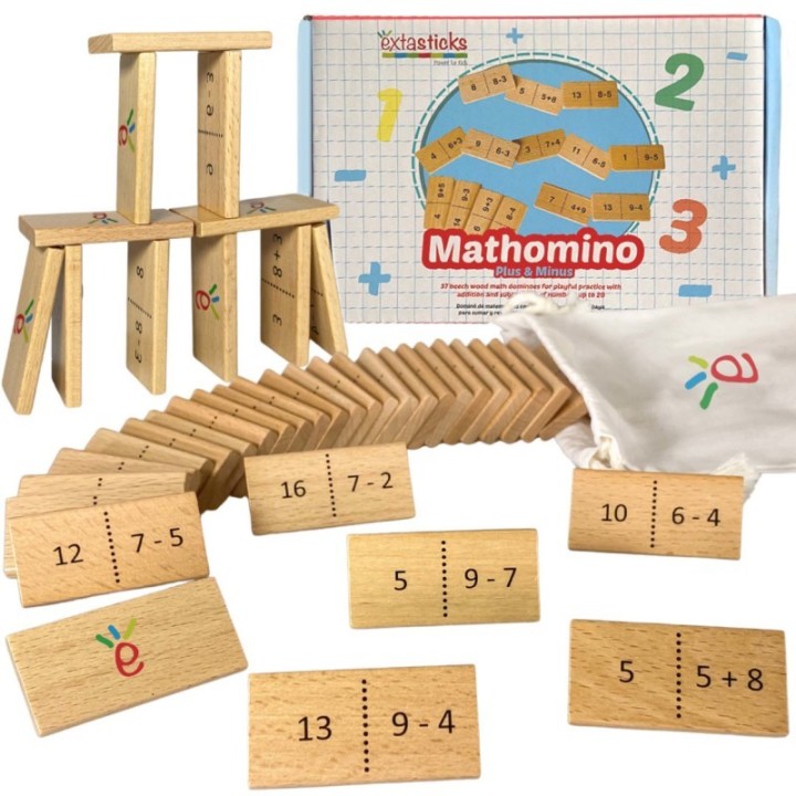 Extasticks Mathomino Plus & Minus up to 20 Addition & Subtraction Wooden Math Domino Game