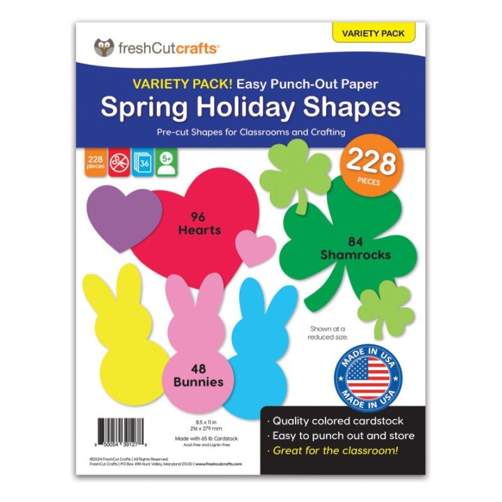 FreshCut Crafts Punch Out Paper Cutouts, Spring Holiday Shapes, Valentine Hearts, Shamrocks & Easter Bunny, 228 Pieces