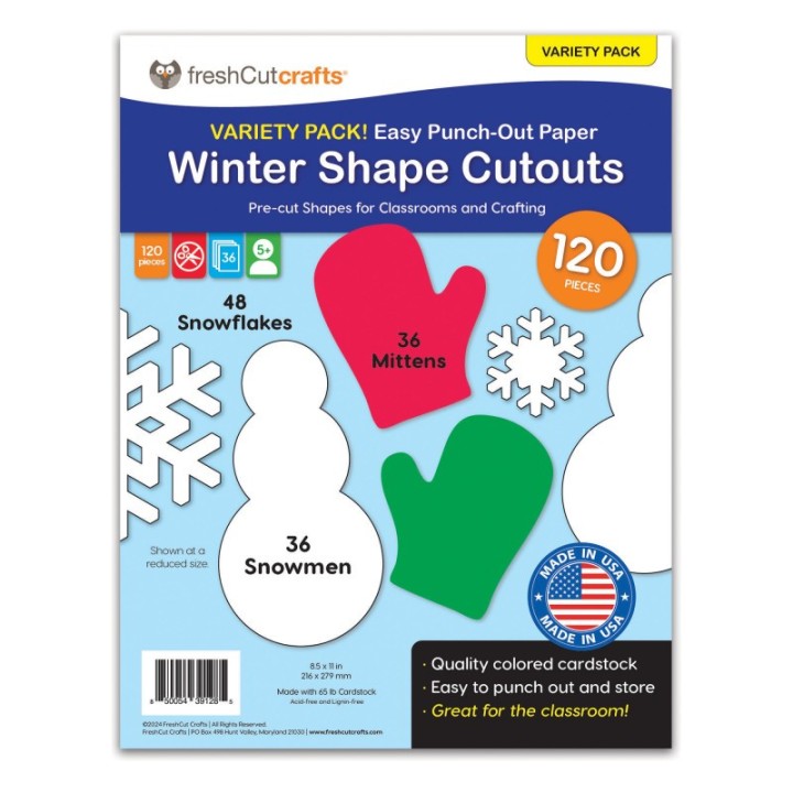 FreshCut Crafts Punch Out Paper Cutouts, Winter Shapes, Snowflakes, Mittens & Snowman, 120 Pieces