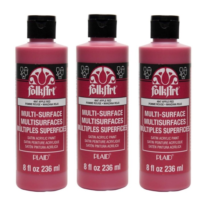FolkArt Acrylic Paint Multi-Surface Satin, 8oz., Apple Red, Pack of 3