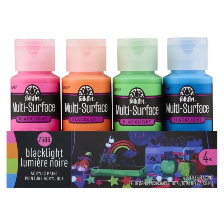 FolkArt Multi-Surface Acrylic Paint Set, 2oz., Neon Blacklight, 4-Piece Set