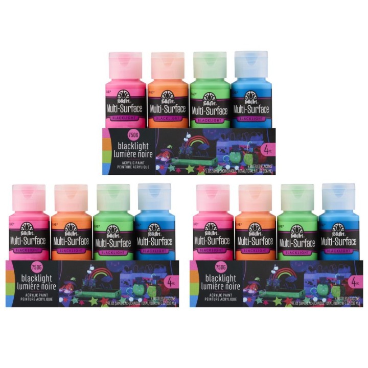 FolkArt Multi-Surface Acrylic Paint Set, 2oz., Neon Blacklight, 4 Per Set, 3 Sets