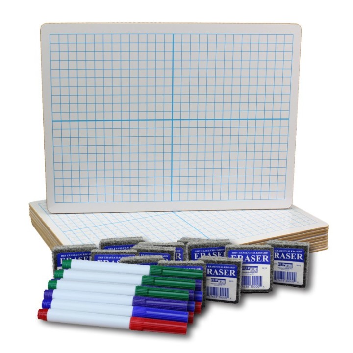 Flipside Products Two-Sided Dry Erase Boards, XY Axis/Plain, 9" x 12", with Colored Pens & Erasers, Class Pack of 12
