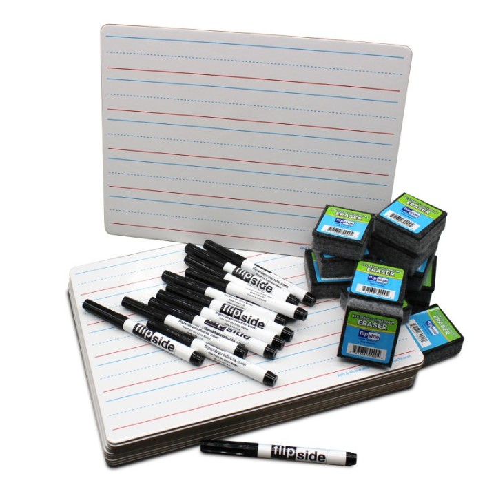 Flipside Products Red & Blue Ruled/Dry Erase Dual Sided Board + Pen + Student Eraser Set, 12 Sets