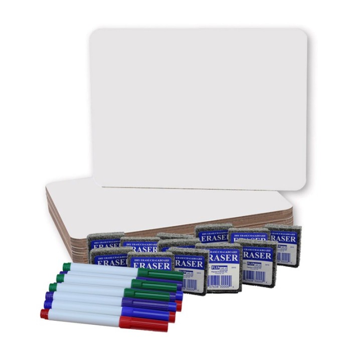 Flipside Products Dry Erase Boards (9" x 12") with Colored Pens & Erasers, Set of 12