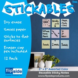 Flipside Products Dry Erase Stickables with Dry Erase Marker, Pastel Assorted, 3" x 3", Pack of 12