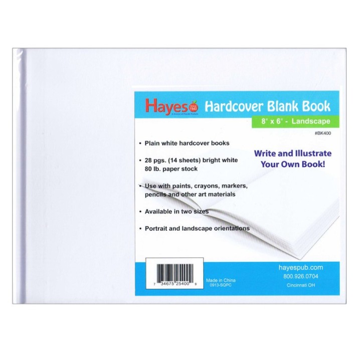 Hayes Publishing Plain White Blank Hardcover Book, 28 Pages/14 Sheets, 8" x 6"