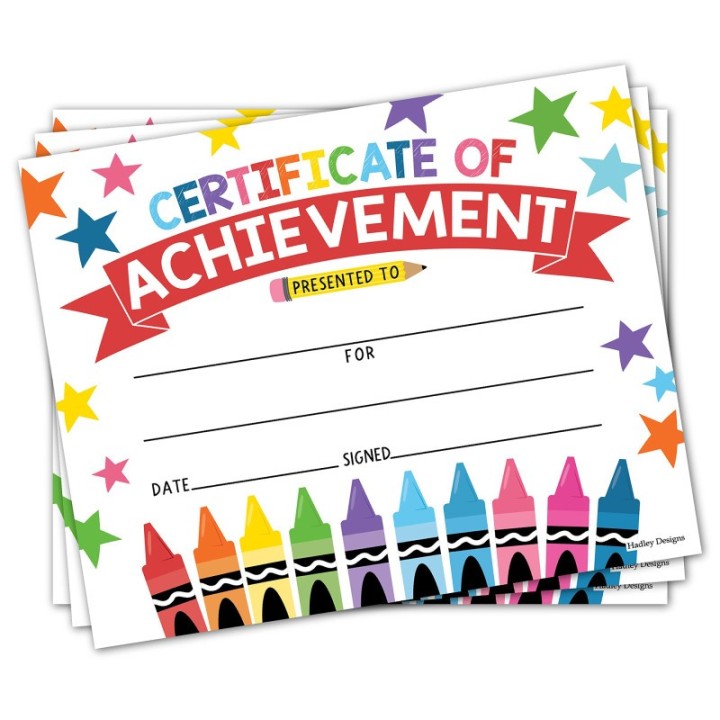 Hadley Designs Colorful Crayons Award Certificates of Achievement for Students, Set of 25