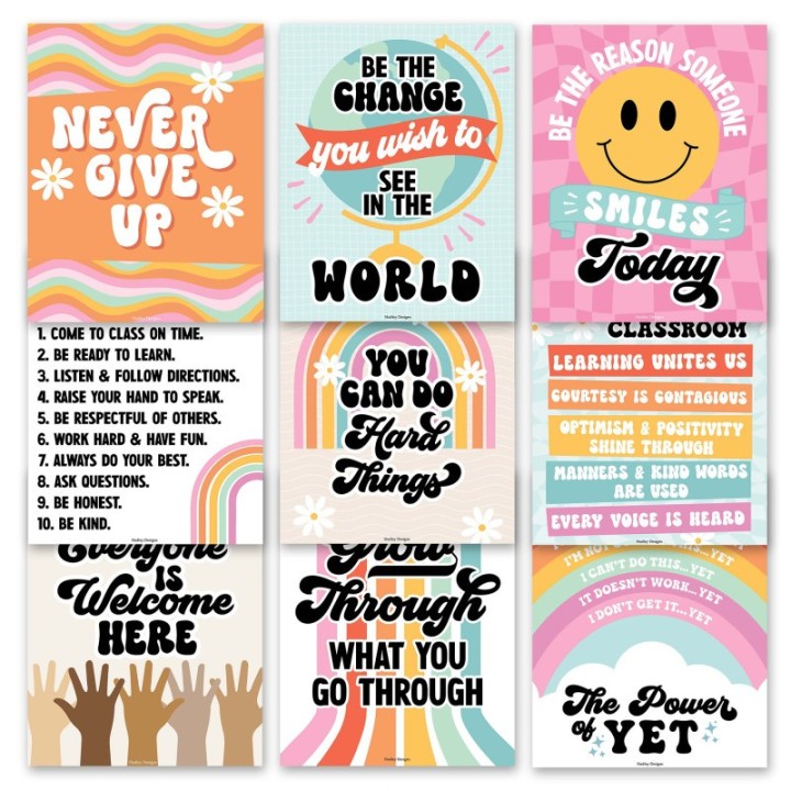 Hadley Designs Retro Growth Mindset Classroom Decor Posters, Set of 9