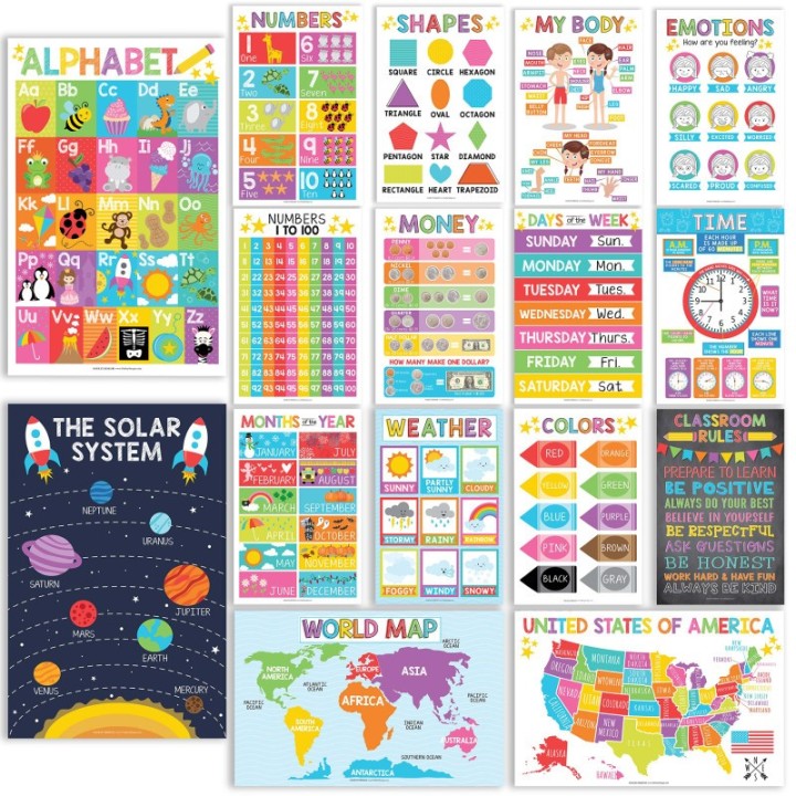 Hadley Designs Colorful Preschool Educational Laminated Posters For Toddlers, Set of 16