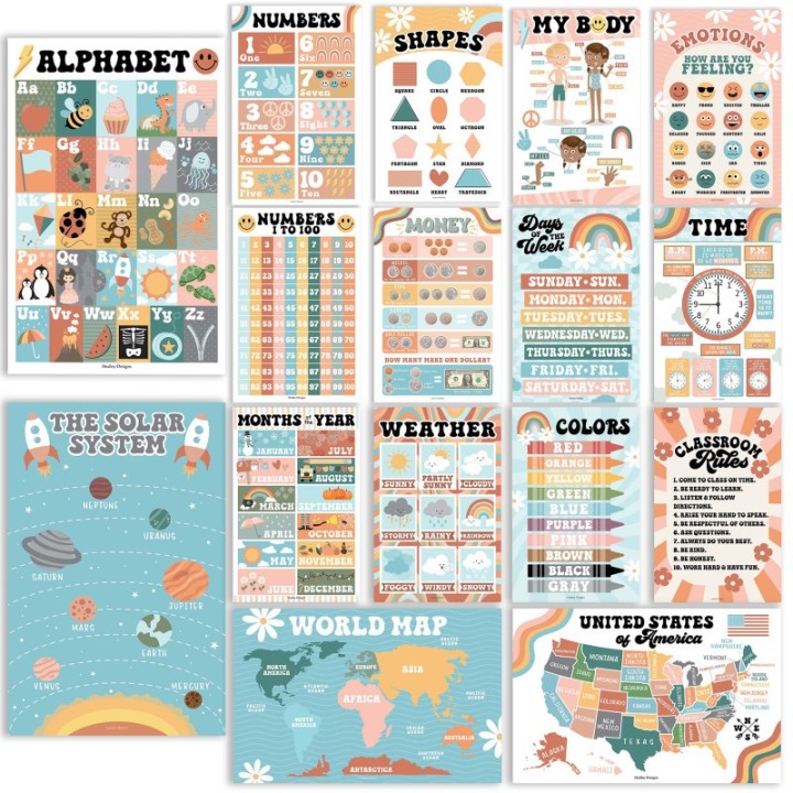 Hadley Designs Retro Boho Preschool Educational Laminated Posters For Toddlers, Set of 16