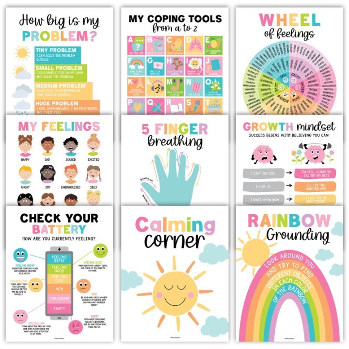 Hadley Designs Colorful Calming Corner and Feelings Chart Posters, Set of 9