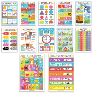 Hadley Designs Colorful Spanish Preschool Educational Laminated Posters, Set of 12