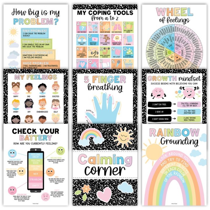 Hadley Designs Colorful Dark Calming Corner and Feelings Chart Posters, Set of 9