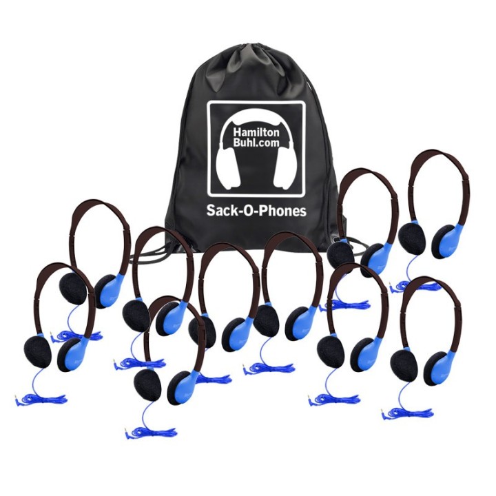 HamiltonBuhl® Sack-O-Phones, 10 Personal Headphones in a Carry Bag, Blue