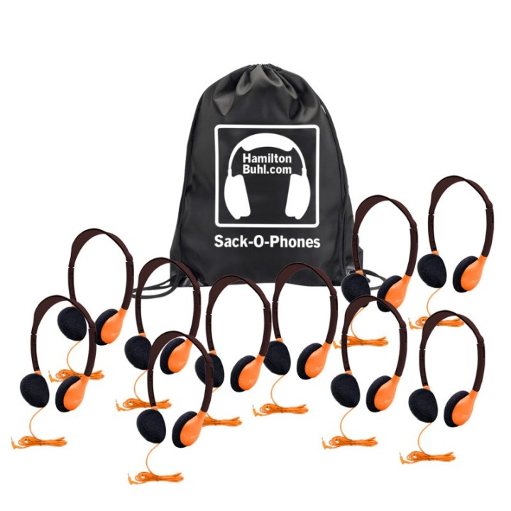 HamiltonBuhl® Sack-O-Phones, 10 Personal Headphones in a Carry Bag, Orange