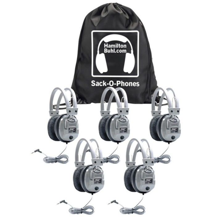 HamiltonBuhl® Sack-O-Phones, 5 SC7V Deluxe Headphones with Volume Control in a Carry Bag