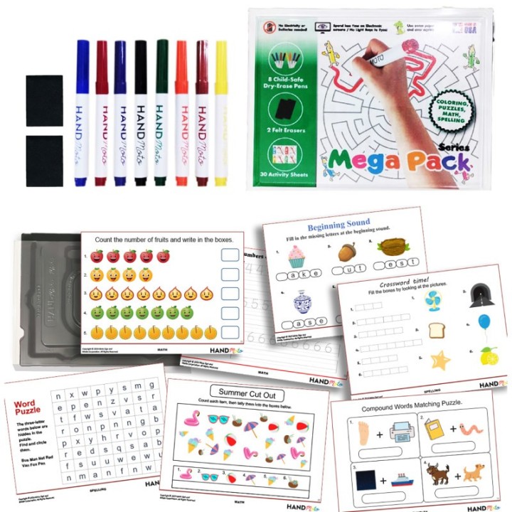 HandMoto® Dry-Erase Learning Board, 8 Markers, 30 Activity Sheets - MegaPack Series