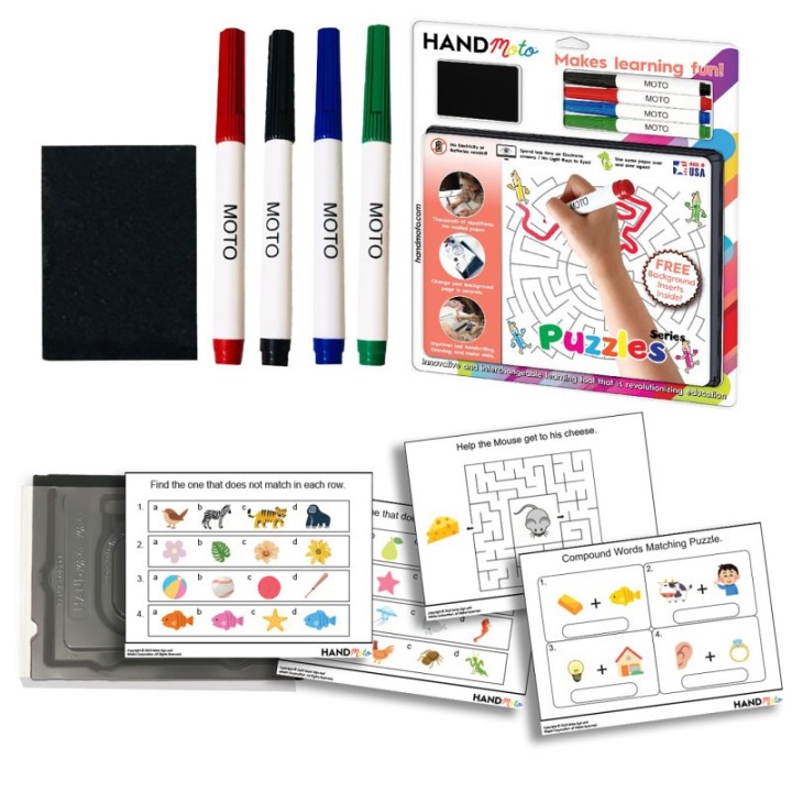 HandMoto® Dry-Erase Learning Board, 4 Markers, 10 Activity Sheets - Puzzles Series