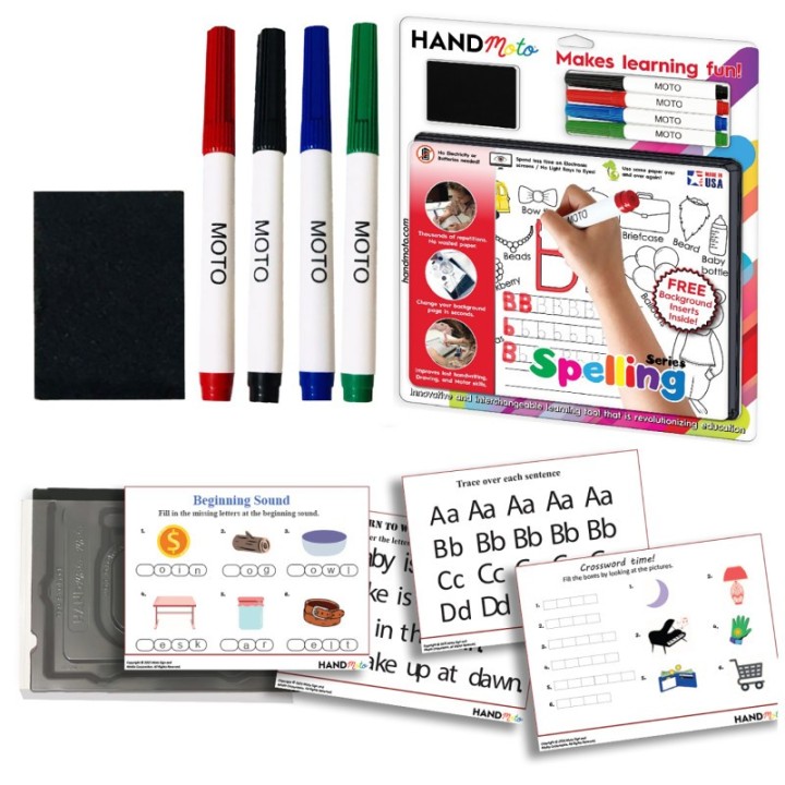HandMoto® Dry-Erase Learning Board, 4 Markers, 10 Activity Sheets - Spelling Series