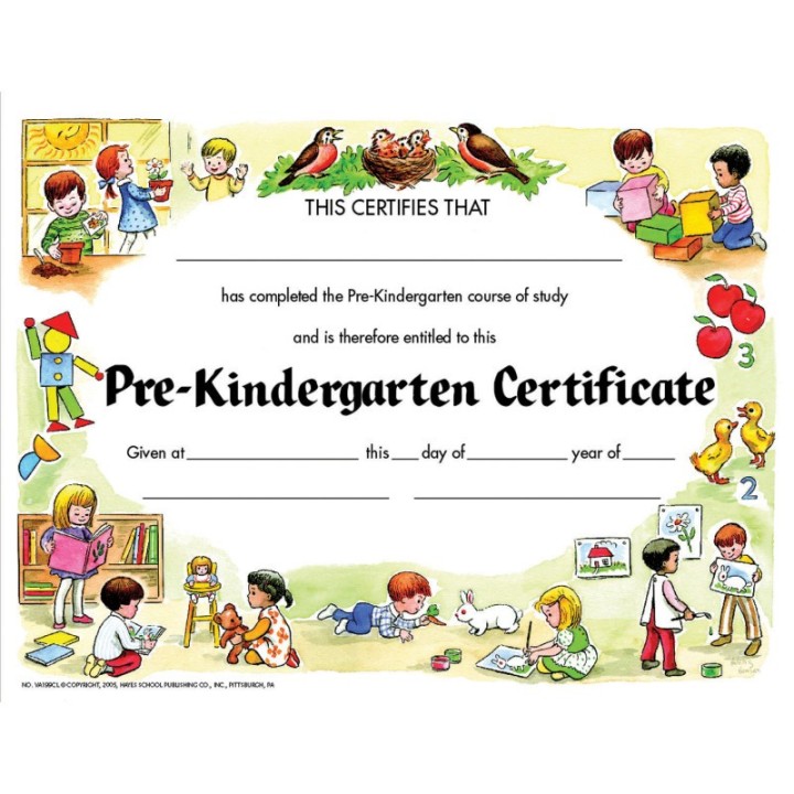 Hayes Publishing Pre-Kindergarten Certificate, 8.5" x 11", Pack of 30