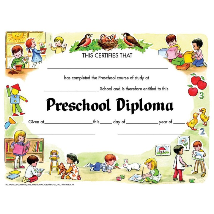 Hayes Publishing Preschool Diploma, 8.5" x 11", Pack of 30