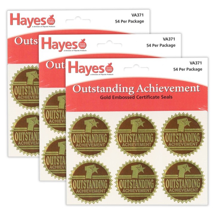 Hayes Publishing Gold Foil Embossed Seals, Outstanding Achievement, 54 Per Pack, 3 Packs
