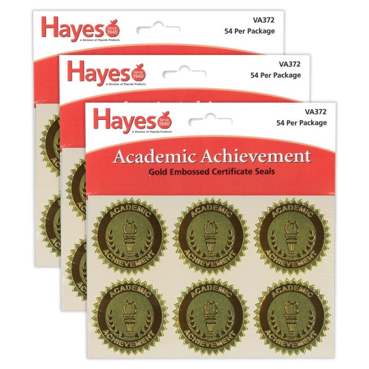 Hayes Publishing Gold Foil Embossed, Academic Achievement, Certificate Seals, 54 Per Pack, 3 Packs