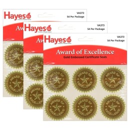 Hayes Publishing Gold Foil Embossed, Award of Excellence, Certificate Seals, 54 Seals Per Pack, 3 Packs