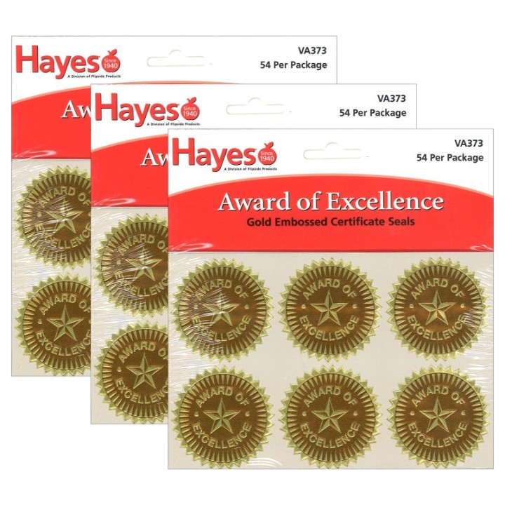 Hayes Publishing Gold Foil Embossed, Award of Excellence, Certificate Seals, 54 Seals Per Pack, 3 Packs