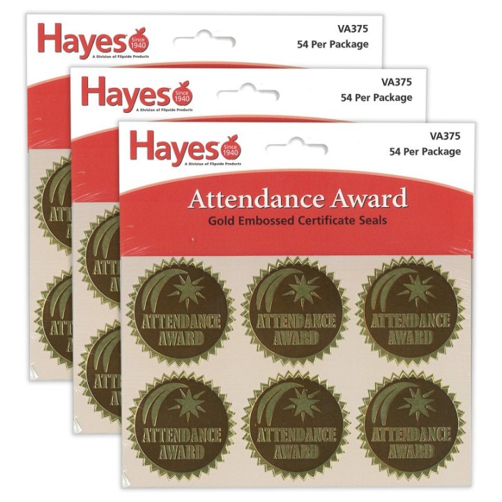 Hayes Publishing Gold Foil Embossed Seals, Attendance Award, 54 Per Pack, 3 Packs