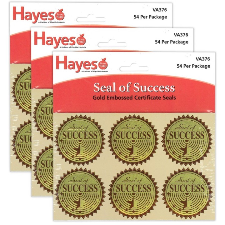 Hayes Publishing Gold Foil Embossed Seals, Seal of Success, 54 Per Pack, 3 Packs