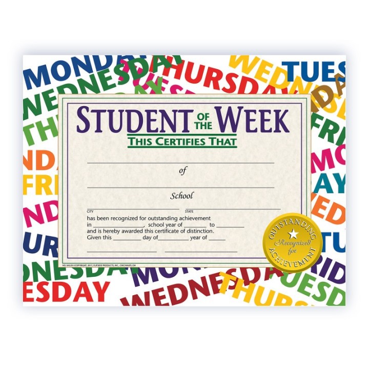 Hayes Publishing Student of the Week Certificate, 8.5" x 11", Pack of 30