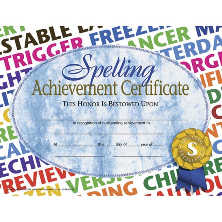 Hayes Publishing Spelling Achievement Certificate, 8.5" x 11", Pack of 30