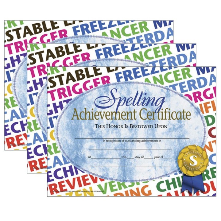 Hayes Publishing Spelling Achievement Certificate, 30 Per Pack, 3 Packs