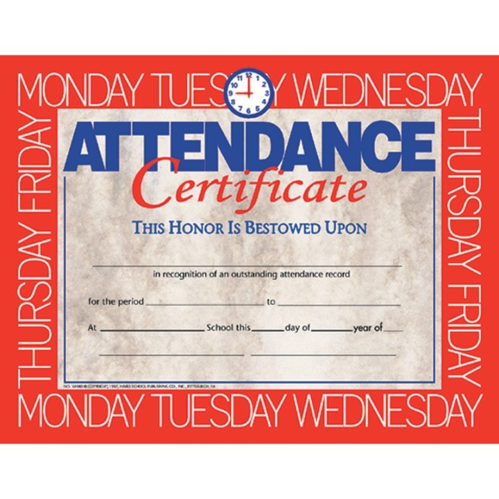Hayes Publishing Attendance Certificate, 8.5" x 11", Pack of 30