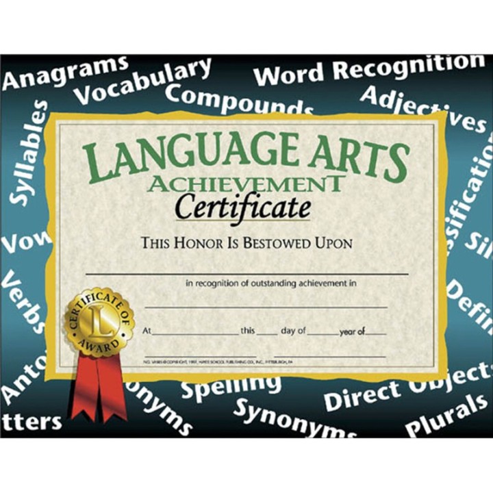 Hayes Publishing Language Arts Achievement Certificate, 8.5" x 11", Pack of 30