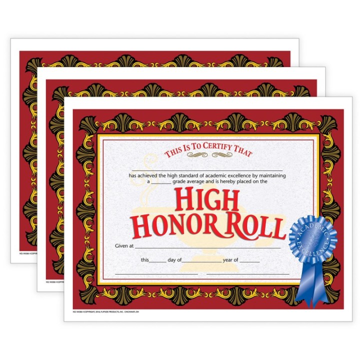 Hayes Publishing High Honor Roll Certificate, 30 Per Pack, 3 Packs