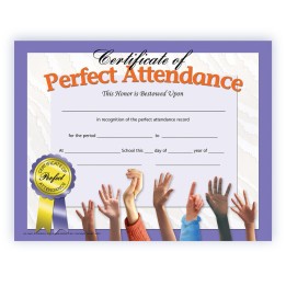 Hayes Publishing Certificate of Perfect Attendance, 8.5" x 11", Pack of 30