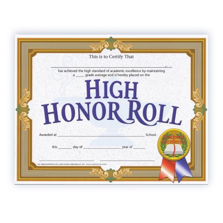 Hayes Publishing High Honor Roll Certificate, 8.5" x 11", Pack of 30