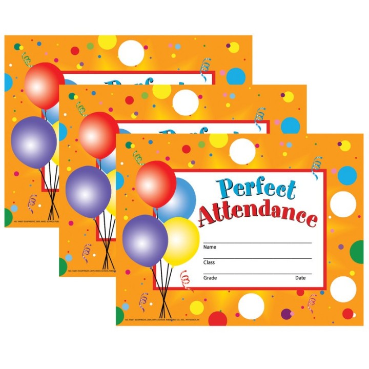 Hayes Publishing Perfect Attendance Certificates & Reward Seals, 30 - 8.5" x 11" Certificates & 160 Seals Per Set, 3 Sets