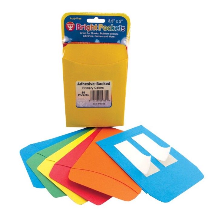 Hygloss® Self Adhesive Library Pockets, 3.5" x 4.875", 6 Each of 5 Colors, Pack of 30