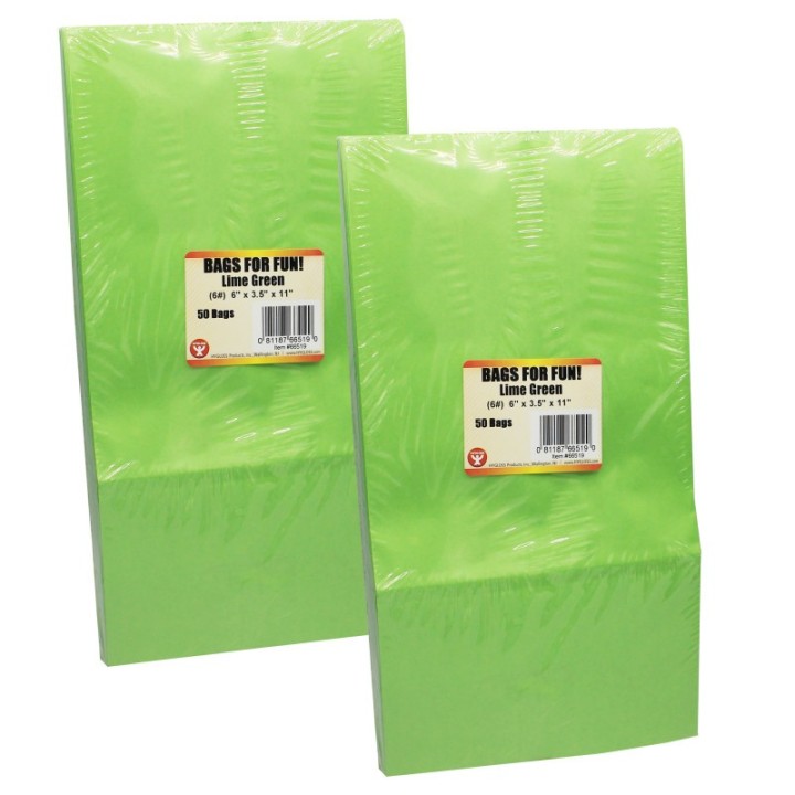 Hygloss® Gusseted Paper Bags, #6 (6" x 3.5" x 11"), Lime Green, 50 Per Pack, 2 Packs