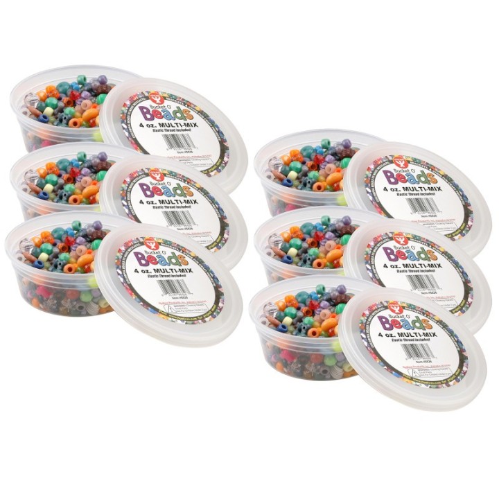 Hygloss® Bucket O’ Beads, Multi-Mix, Asstd Sizes, 4 oz Per Pack, 6 Packs