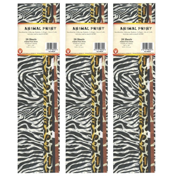 Hygloss® Tissue Paper, Animal Print Assortment, 20" x 30", 20 Sheets Per Pack, 3 Packs