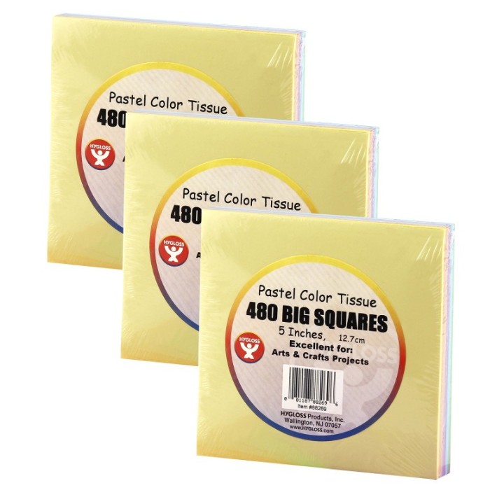 Hygloss® 5" Tissue Squares, Pastel Colors, 480 Per Pack, 3 Packs