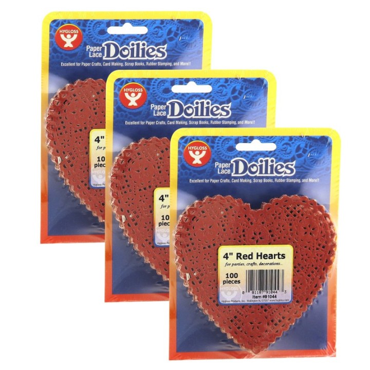 Hygloss® Heart Doilies, Red, 4", 100 Per Pack, 3 Packs