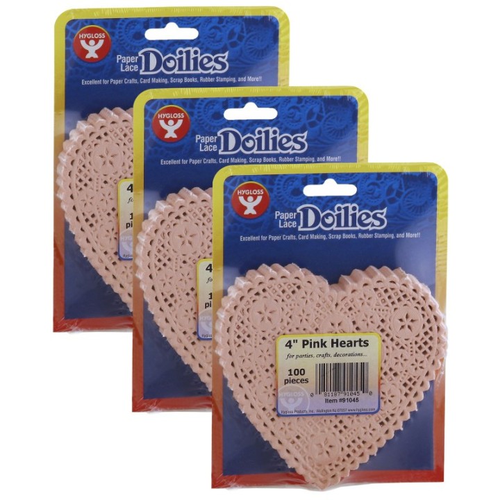 Hygloss® Heart Doilies, Pink, 4", 100 Per Pack, 3 Packs