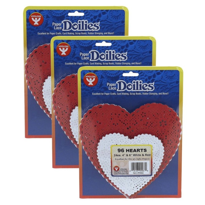 Hygloss® Doilies, White & Red Hearts, 4" & 6", 96 Per Pack, 3 Packs