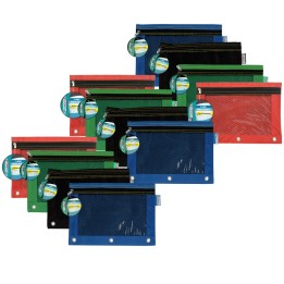 Promarx® 3 Ring Pencil Pouch With Mesh Window, 10" x 7.5", Assorted Colors, Pack of 12